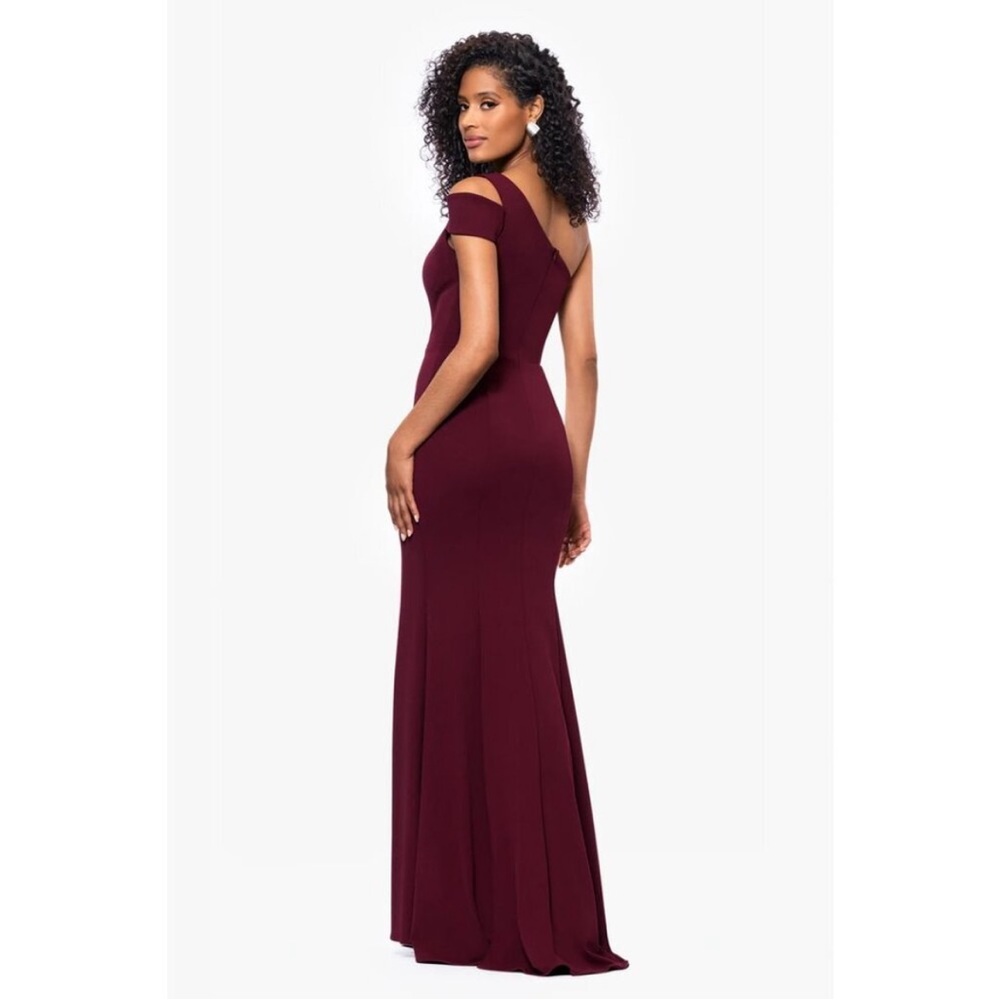 Betsy & Adam burgundy one shoulder gown